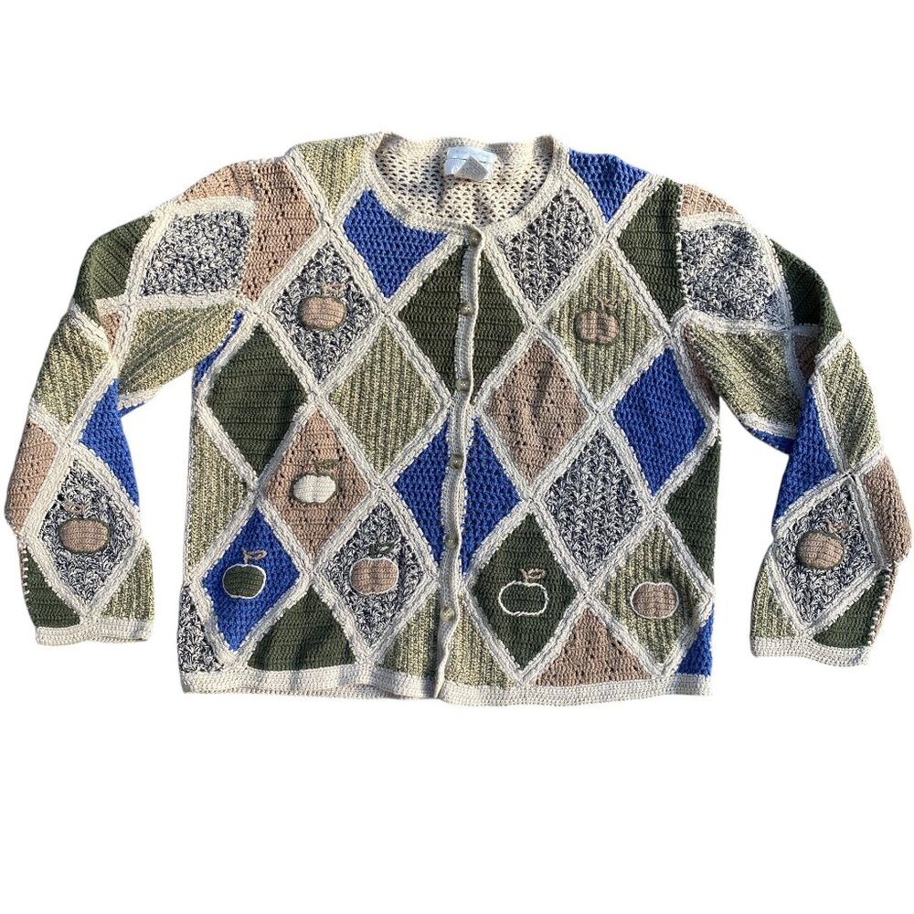 Vintage Hand Knit Patchwork Apple Cardigan Crochet Argyle Fall Country Grandma-M